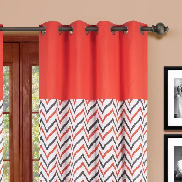Pack_of_2_Cotton_Coral_Ikat_Chevron_Printed_Eyelet_Curtain_Set_for_Window_and_Door