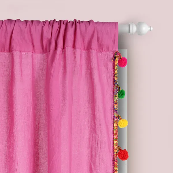 Pack_of_2_Cotton_Magenta_Sheer_Multicolor_Pompom_Rod_Pocket_Curtain_Set_for_Window_and_Door