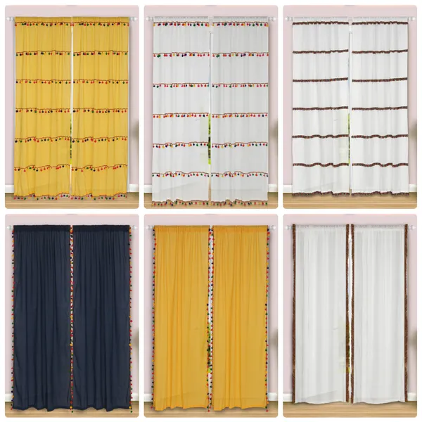 Pack_of_2_Cotton_Green_Sheer_Multicolor_Pompom_Rod_Pocket_Curtain_Set_for_Window_and_Door