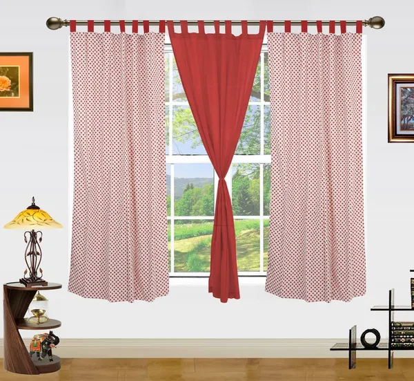 Pack_of_3_Cotton_Red_Polka_Dot_Printed_With_Plain_Tab_Top_Curtain_Set_for_Window_and_Door