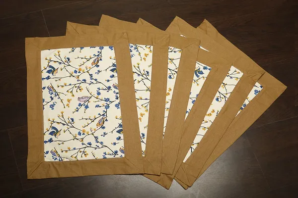 Pack_of_18_Pieces_Cotton_Beige_Bird_Printed_Place_Mat_With_Napkin_for_Dining_and_Center_Table