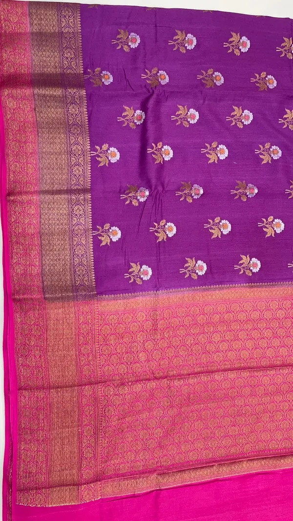 Humairah_Pure_Handwoven_Purple_Muga_Silk_Floral_Zari_Mina_Booti_Contrast_Magenta_Anchal_Copper_Zari_Border_Banarasi_Saree_with_Magenta_Pink_Blouse_piece