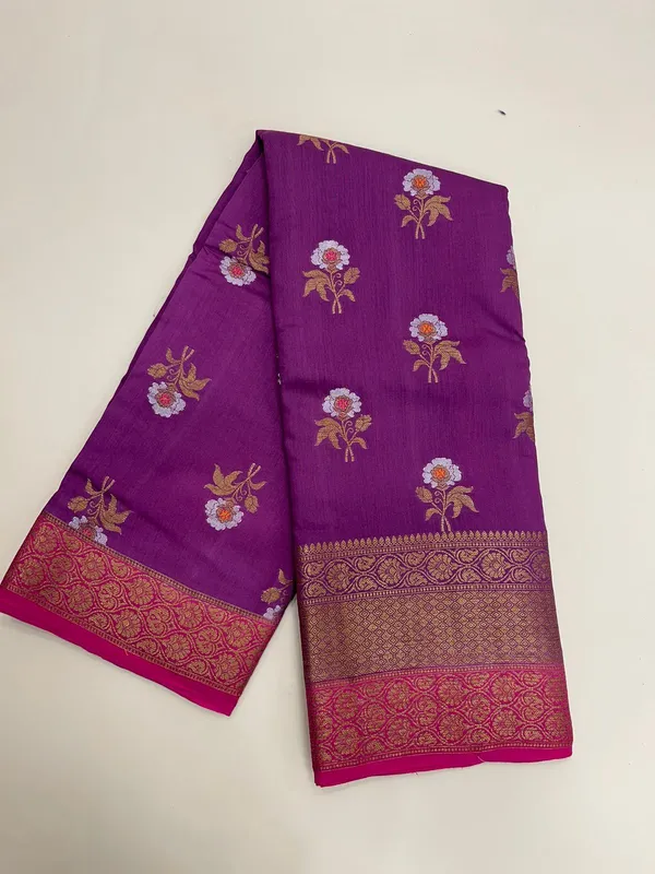 Humairah_Pure_Handwoven_Purple_Muga_Silk_Floral_Zari_Mina_Booti_Contrast_Magenta_Anchal_Copper_Zari_Border_Banarasi_Saree_with_Magenta_Pink_Blouse_piece