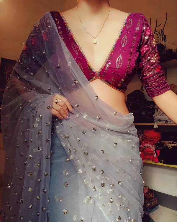 Designer_Grey_Soft_Net_Sequence_Work_Sari