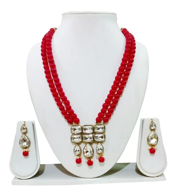 Copper_Plated_Classic_Double_Line_Red_Pearl_Necklace_Set_For_Women
