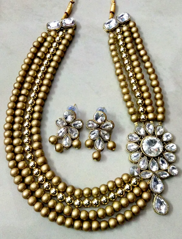 Four_Layer_Golden_Pearl_And_Kundan_Necklace_Set_|_Necklace_And_Earings