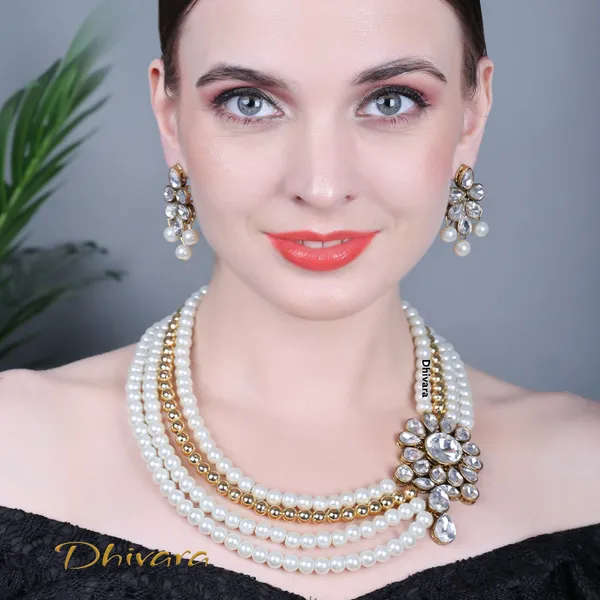 Four_Layer_White_Pearl_And_Kundan_Necklace_Set_|_Necklace_And_Earings