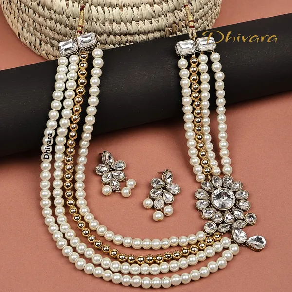 Four_Layer_White_Pearl_And_Kundan_Necklace_Set_|_Necklace_And_Earings