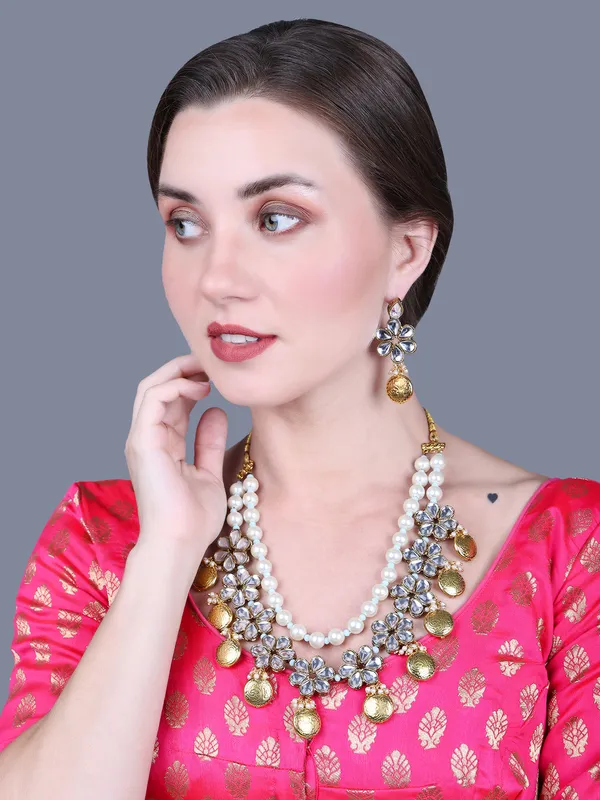 Rhodium_Plated_Beautiful_Double_Line_Pearl_And_Kundan_Necklace_Set_For_Women