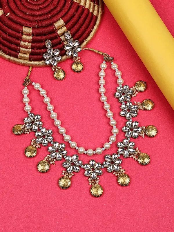 Rhodium_Plated_Beautiful_Double_Line_Pearl_And_Kundan_Necklace_Set_For_Women