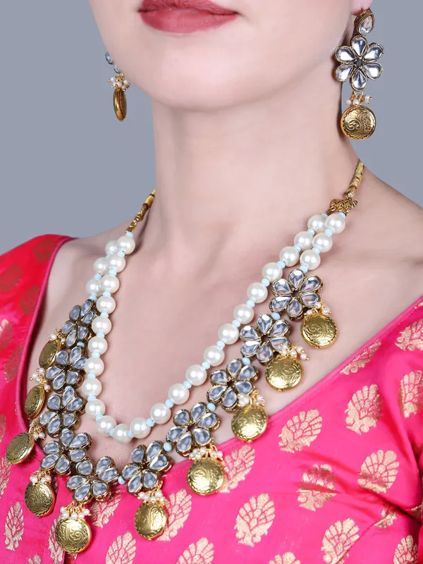 Rhodium_Plated_Beautiful_Double_Line_Pearl_And_Kundan_Necklace_Set_For_Women