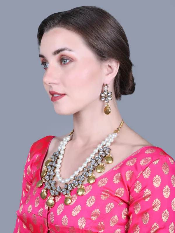 Rhodium_Plated_Beautiful_Double_Line_Pearl_And_Kundan_Necklace_Set_For_Women