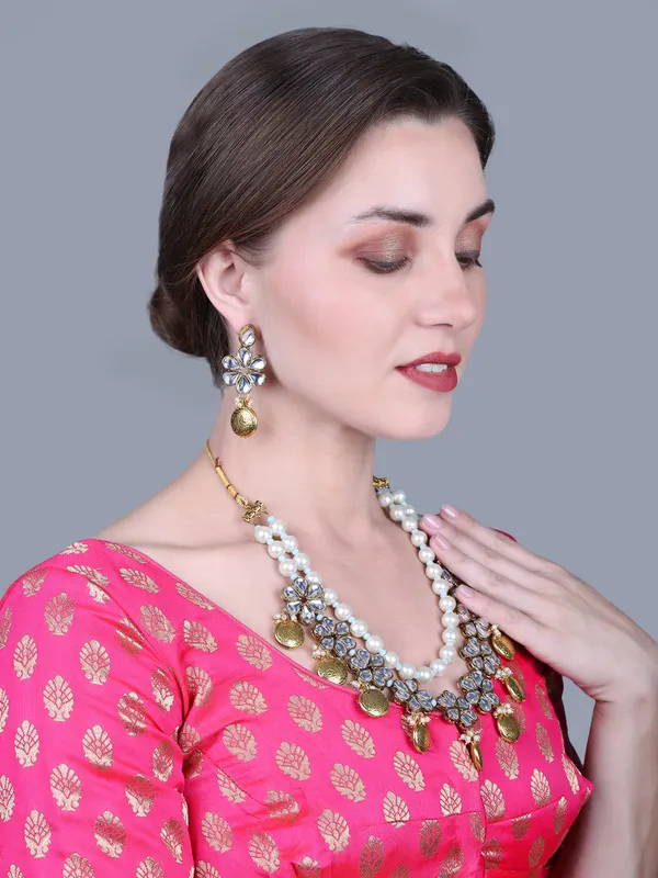 Rhodium_Plated_Beautiful_Double_Line_Pearl_And_Kundan_Necklace_Set_For_Women