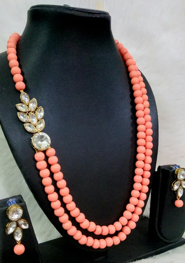 Peach_Stylish_Copper_Plated_Twinkling_Leaves_Two_Layer_Necklace