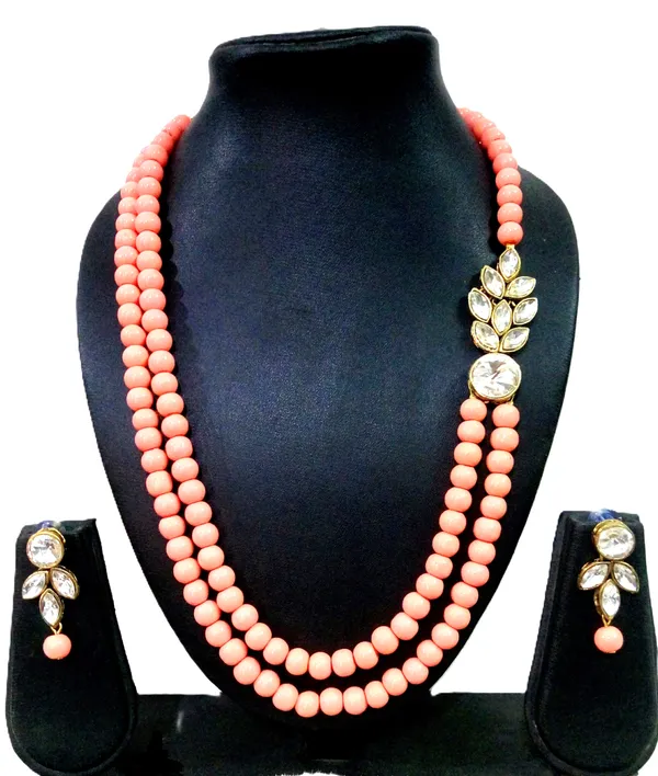 Peach_Stylish_Copper_Plated_Twinkling_Leaves_Two_Layer_Necklace