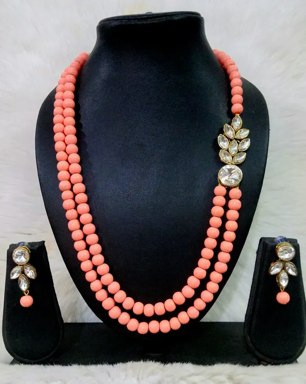 Peach_Stylish_Copper_Plated_Twinkling_Leaves_Two_Layer_Necklace