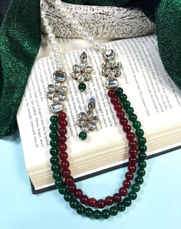Two_Layer_Maroon_And_Green_Pearl_Alloy_Copper_Jewellery_Set_For_Women