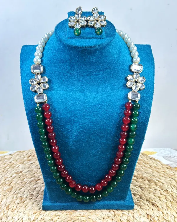 Two_Layer_Maroon_And_Green_Pearl_Alloy_Copper_Jewellery_Set_For_Women