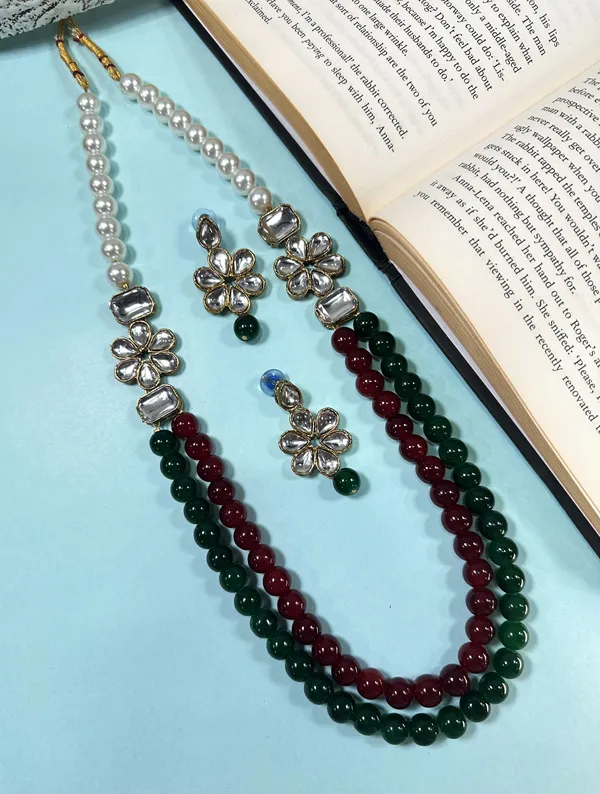 Two_Layer_Maroon_And_Green_Pearl_Alloy_Copper_Jewellery_Set_For_Women
