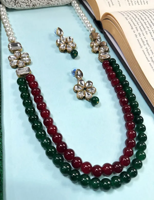 Two_Layer_Maroon_And_Green_Pearl_Alloy_Copper_Jewellery_Set_For_Women