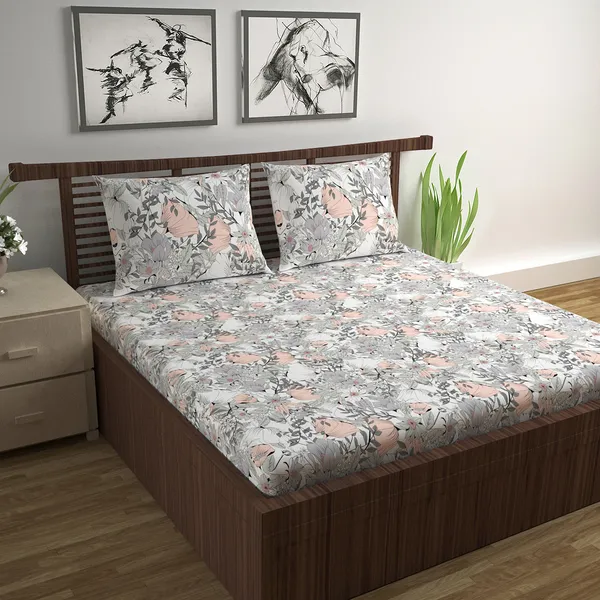 100%_Cotton_120_TC_Floral_Bedsheet_for_Double_Bed_with_2_Pillow_Covers_-_(222_x_254_cm)_Peach_and_Gray