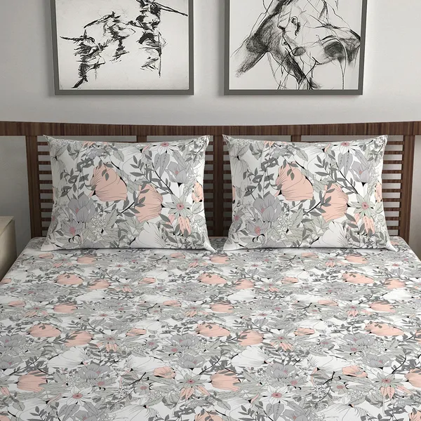 100%_Cotton_120_TC_Floral_Bedsheet_for_Double_Bed_with_2_Pillow_Covers_-_(222_x_254_cm)_Peach_and_Gray