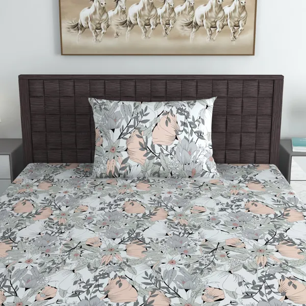 100%_Cotton_120_TC_Floral_Bedsheet_for_Single_Bed_with_1_Pillow_Covers_(145_x_223_cm)_Peach_and_Gray
