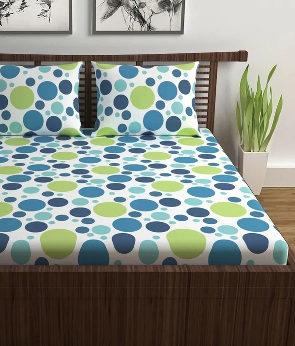 100%_Cotton_120_TC_Polka_Dot_Bedsheet_for_Double_Bed_with_2_Pillow_Covers_-_(222_x_254_cm)_Blue_and_Green