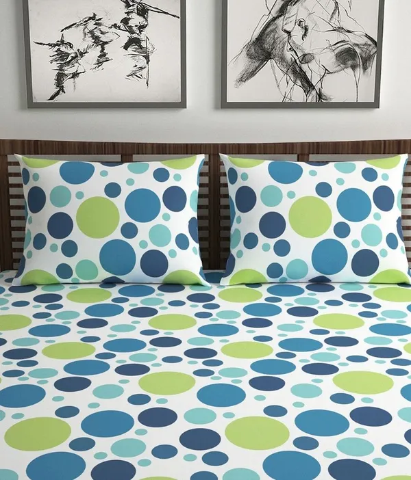 100%_Cotton_120_TC_Polka_Dot_Bedsheet_for_Double_Bed_with_2_Pillow_Covers_-_(222_x_254_cm)_Blue_and_Green