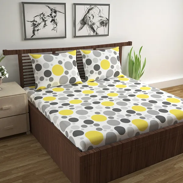 100%_Cotton_120_TC_Polka_Dot_Bedsheet_for_Double_Bed_with_2_Pillow_Covers_-_(222_x_254_cm)_Yellow_and_Gray