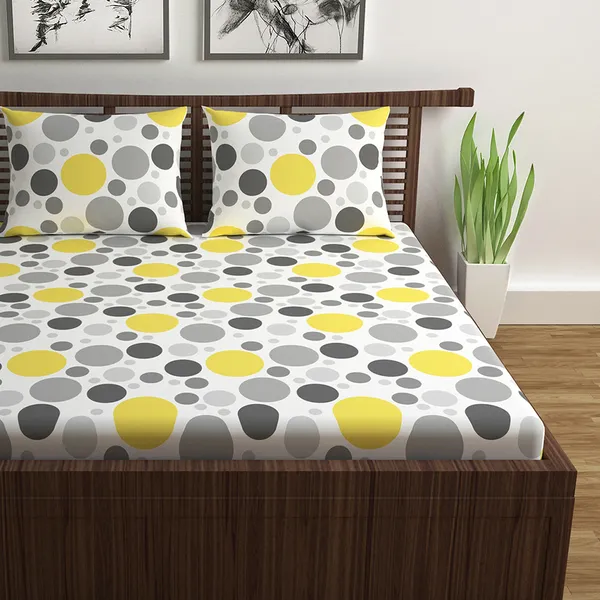 100%_Cotton_120_TC_Polka_Dot_Bedsheet_for_Double_Bed_with_2_Pillow_Covers_-_(222_x_254_cm)_Yellow_and_Gray