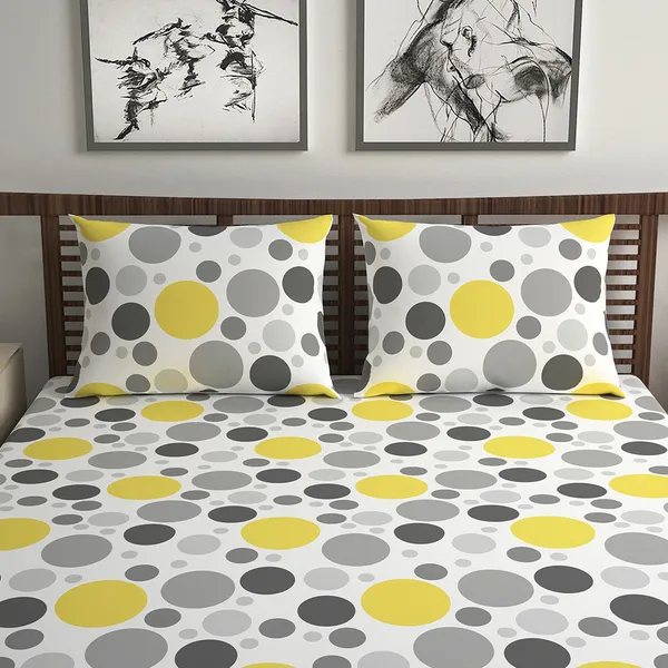 100%_Cotton_120_TC_Polka_Dot_Bedsheet_for_Double_Bed_with_2_Pillow_Covers_-_(222_x_254_cm)_Yellow_and_Gray