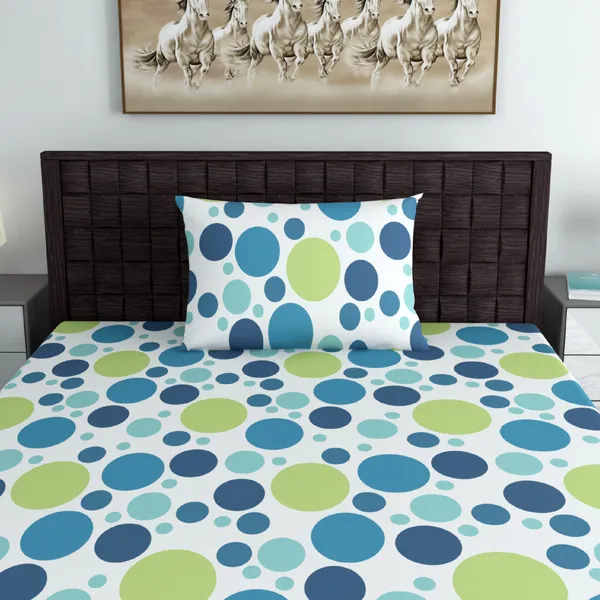 100%_Cotton_120_TC_Polka_Dot_Bedsheet_for_Single_Bed_with_1_Pillow_Covers_(145_x_223_cm)_Blue_and_Green