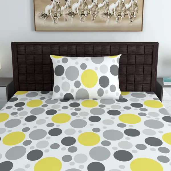 100%_Cotton_120_TC_Polka_Dot_Bedsheet_for_Single_Bed_with_1_Pillow_Covers_(145_x_223_cm)_Yellow_and_Gray