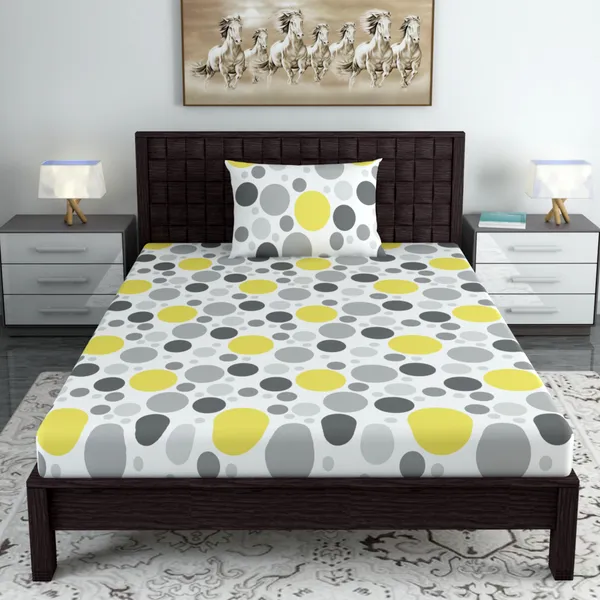 100%_Cotton_120_TC_Polka_Dot_Bedsheet_for_Single_Bed_with_1_Pillow_Covers_(145_x_223_cm)_Yellow_and_Gray