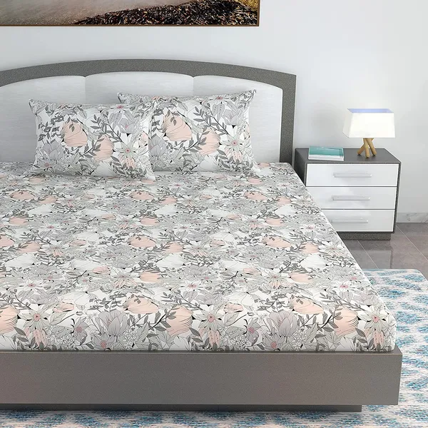 100%_Cotton_120_TC_Polka_Dot_King_Size_Bed_sheet_with_2_Pillow_Covers_(270_x_270_CM)_Peach_and_Gray