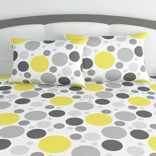 100%_Cotton_120_TC_Polka_Dot_King_Size_Bed_sheet_with_2_Pillow_Covers_(270_x_270_CM)_Yellow_and_Gray