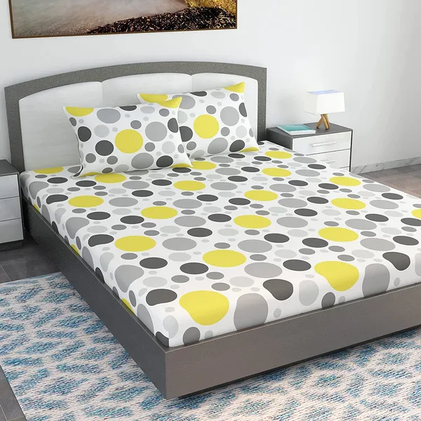 100%_Cotton_120_TC_Polka_Dot_King_Size_Bed_sheet_with_2_Pillow_Covers_(270_x_270_CM)_Yellow_and_Gray