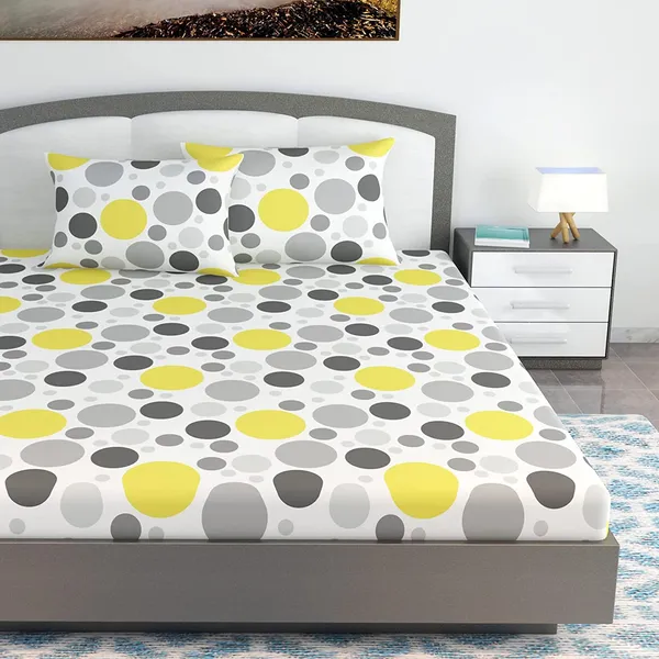100%_Cotton_120_TC_Polka_Dot_King_Size_Bed_sheet_with_2_Pillow_Covers_(270_x_270_CM)_Yellow_and_Gray