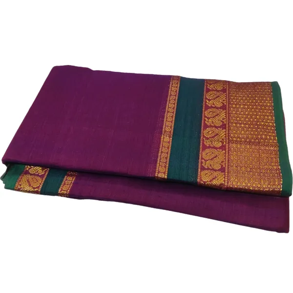 Double_Shaded(Red+Violet)_Peacock_Border_Narayanpet_Pure_Cotton_saree_with_Running_blouse_piece_(Magenta)
