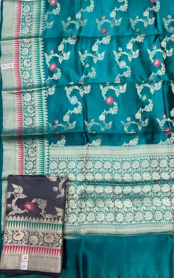 Humairah_Pure_Handloom_Sea_Green_Dupion_Silk_Tilfi_Mina_Floral_Zari_Stripe_Jaal_with_Skirt_Dual_Mina_Zari_Border_and_Sea_Green_Blouse