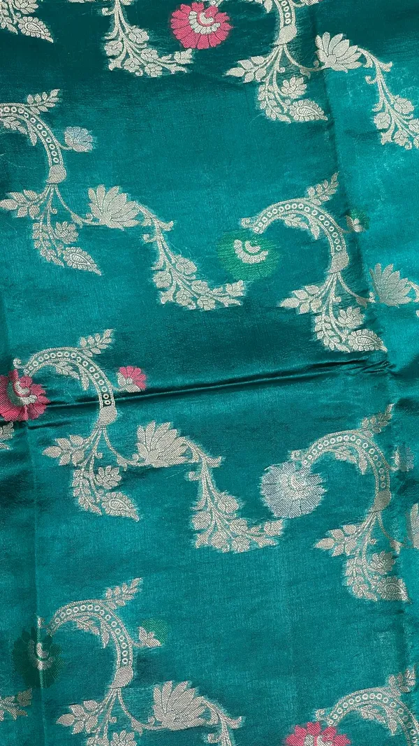 Humairah_Pure_Handloom_Sea_Green_Dupion_Silk_Tilfi_Mina_Floral_Zari_Stripe_Jaal_with_Skirt_Dual_Mina_Zari_Border_and_Sea_Green_Blouse