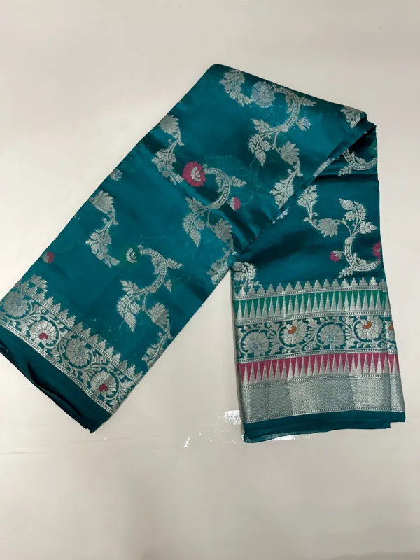 Humairah_Pure_Handloom_Sea_Green_Dupion_Silk_Tilfi_Mina_Floral_Zari_Stripe_Jaal_with_Skirt_Dual_Mina_Zari_Border_and_Sea_Green_Blouse