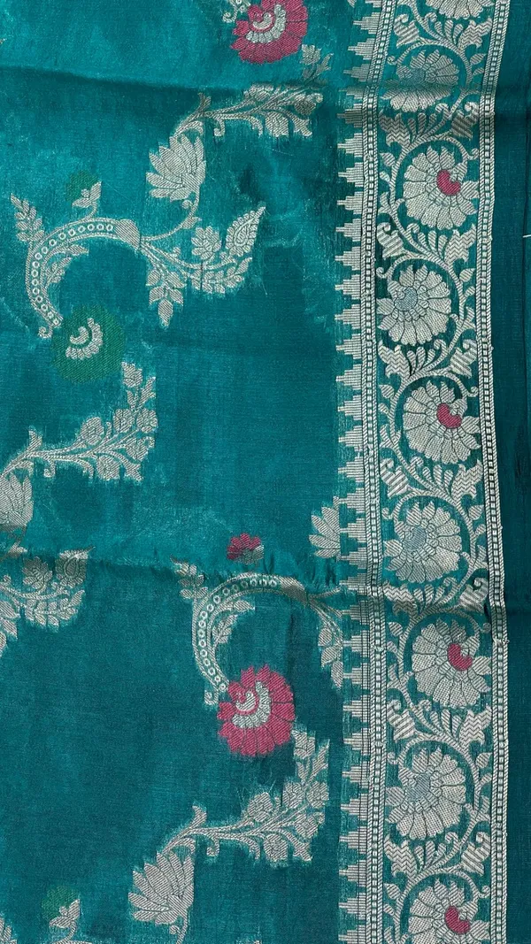 Humairah_Pure_Handloom_Sea_Green_Dupion_Silk_Tilfi_Mina_Floral_Zari_Stripe_Jaal_with_Skirt_Dual_Mina_Zari_Border_and_Sea_Green_Blouse