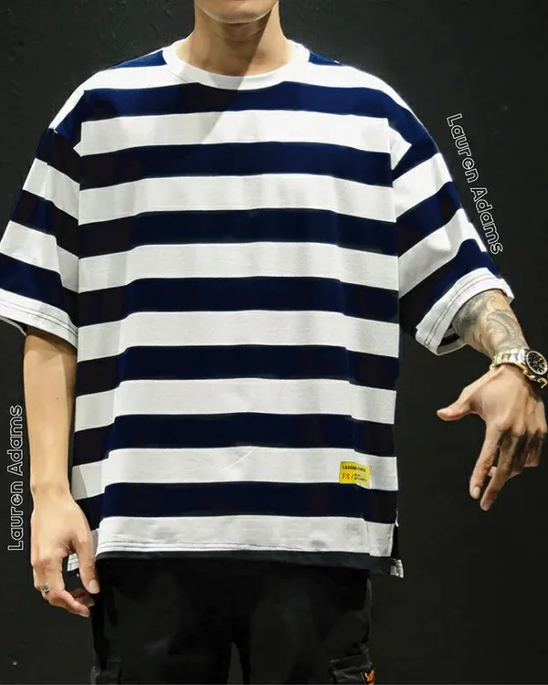 _Oversized_Striped_Men_Round_Neck_White,_Navy_Blue_T-Shirt