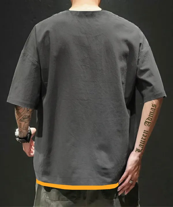 _Solid_Men_Round_Neck_Grey,_Yellow_T-Shirt