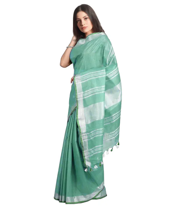 Mint_Green_women's_Handloom_Bhagalpuri_Linen-Cotton_Saree_With_Contrast_Blouse_Piece