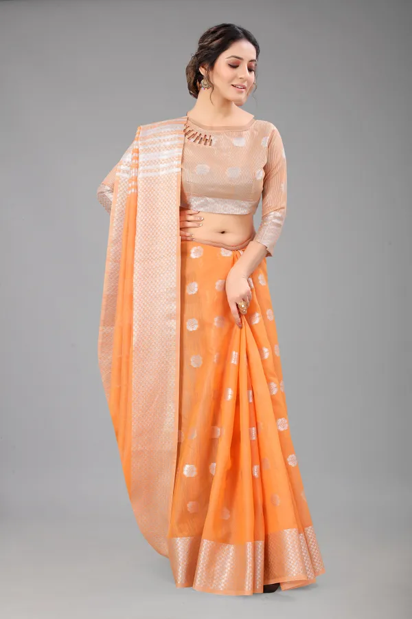Orange_Pure_Soft_Linen_Saree_With_Silver_Zari_Butta_For_Women