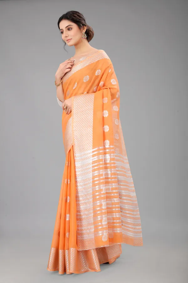 Orange_Pure_Soft_Linen_Saree_With_Silver_Zari_Butta_For_Women