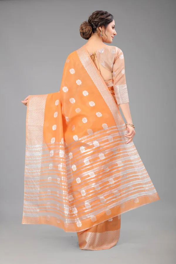 Orange_Pure_Soft_Linen_Saree_With_Silver_Zari_Butta_For_Women